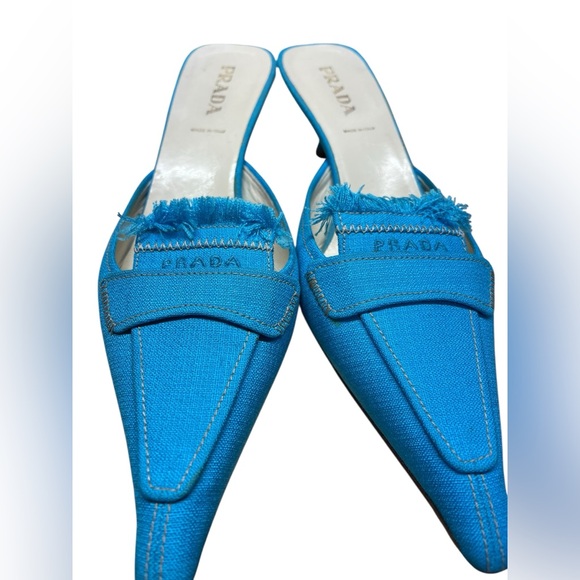 PRADA Blue Canvas Kitten Heel Mules Blue Pointed Toe - Picture 6 of 9